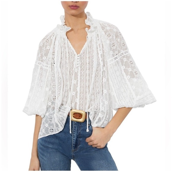 Alice + Olivia Tops - Alice + Olivia Norah White Lace Eyelet Blouse Balloon Sleeves Cottagecore Size M